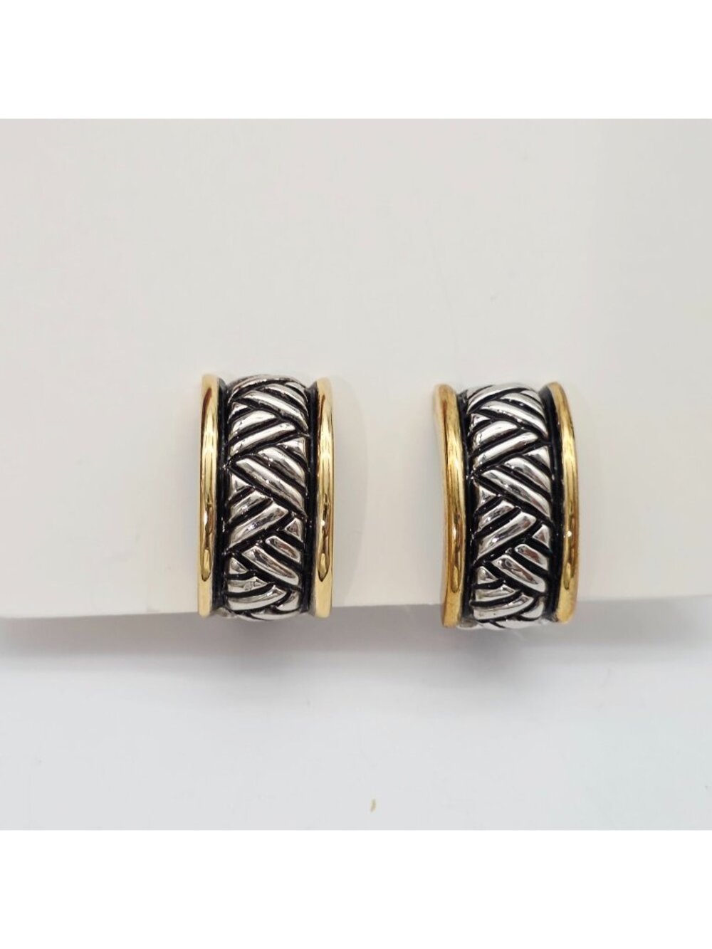 Two-Tone Silver & Gold Textured Clip-On Earrings Braided Design Vintage Jewelry